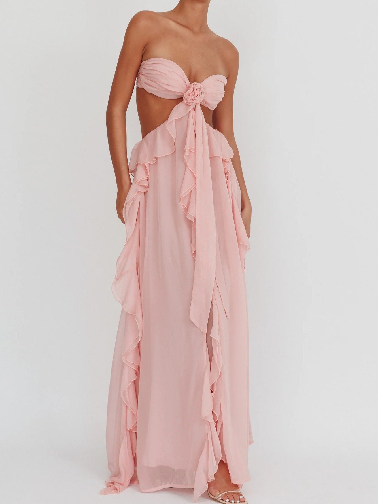 Chiffon Ruffled Tube Top Long Dress