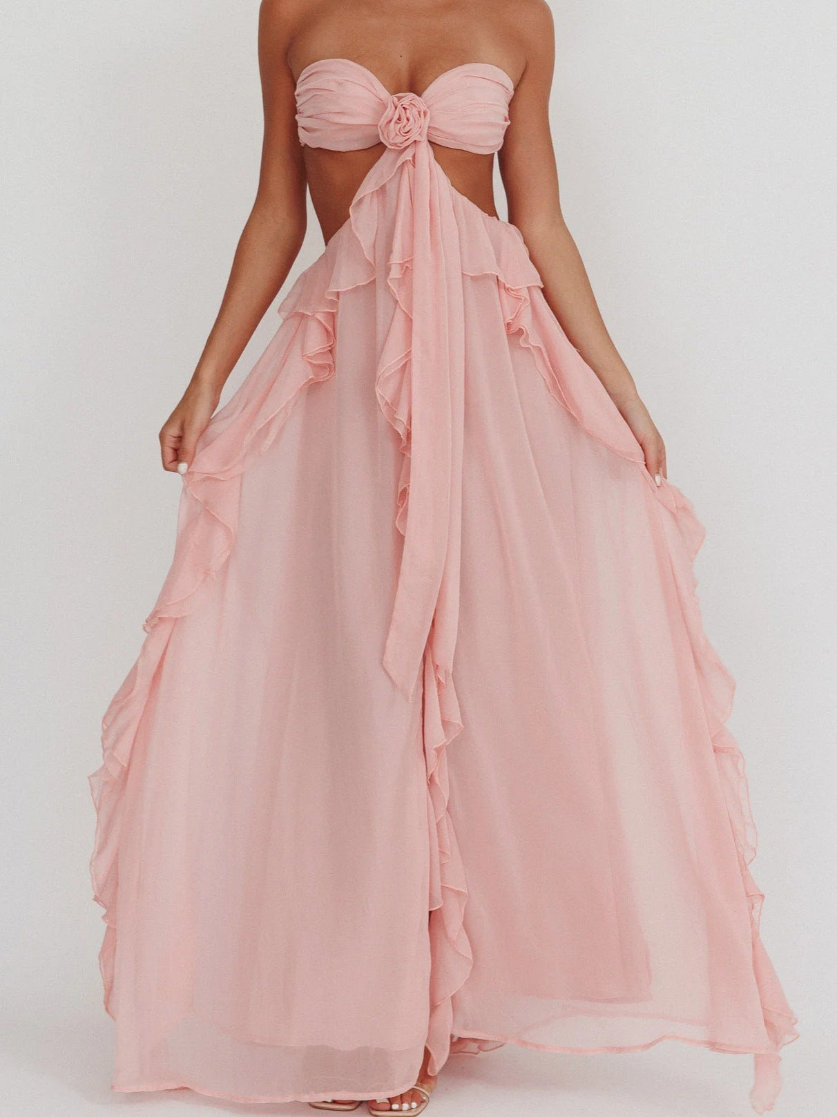 Chiffon Ruffled Tube Top Long Dress